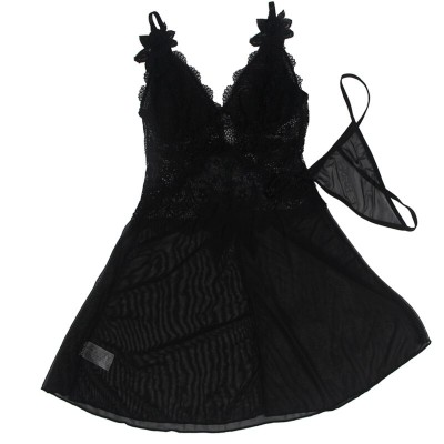 BRUMA SECRET - LAURA BABYDOLL COM DETALHE FLOR DE RENDA PRETO M/L - D-238540 - Dona Pimenta