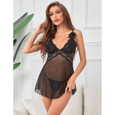 BRUMA SECRET - LAURA BABYDOLL COM DETALHE FLOR DE RENDA PRETO M/L - D-238540 - Dona Pimenta