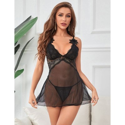 BRUMA SECRET - LAURA BABYDOLL COM DETALHE FLOR DE RENDA PRETO M/L - D-238540 - Dona Pimenta