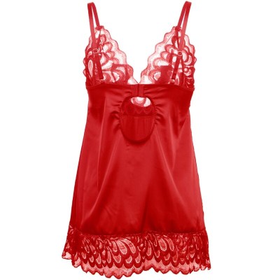 BRUMA SECRET - IRENE BABYDOLL CETIM COM RENDA VERMELHA M/L - D-238561 - Dona Pimenta