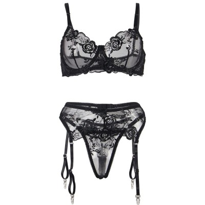 BRUMA SECRET - ELISABETH CONJUNTO DE RENDA ESTAMPADA FLORAL PRETA TRÊS PEÇAS M/L - D-238531 - Dona Pimenta