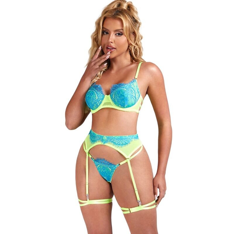 BRUMA SECRET - AURORA CONJUNTO TRÊS PEÇAS DE RENDA AZUL E AMARELO M/L - D-238606 - Dona Pimenta