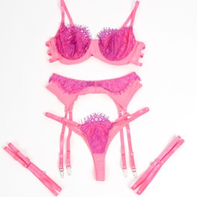 BRUMA SECRET - AURORA CONJUNTO TRÊS PEÇAS DE FLUOR VIOLETA E RENDA ROSA M/L - D-238609 - Dona Pimenta