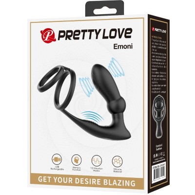 PRETTY LOVE - ANEL PENIS EMONI + PLUG ANAL 12 VIBRAÇÕES PRETO - D-242471 - Dona Pimenta