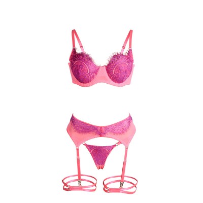 SUBBLIME - 955359 CONJUNTO DE SUTIÃ COM RENDA E LIGAS ROSA E ROXO S/M - D-242654 - Dona Pimenta