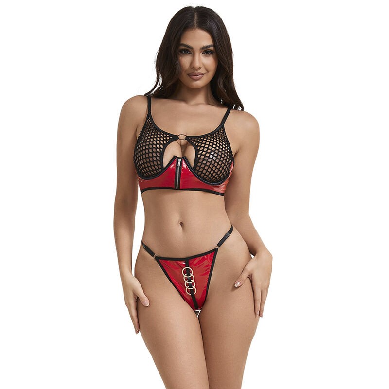 SUBBLIME - 955533 CONJUNTO DE SUTIÃ DE COURO VERMELHO COM ZÍPER DE MALHA S/M - D-242672 - Dona Pimenta